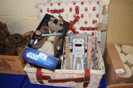 Vintage picnic hamper together with a Meerkat Movies Star Wars edition toy, an Oleg and BB8 and