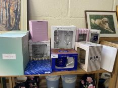 Quantity of boxed birthday and anniversary glasses and mugs, various ages