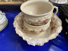 Wash bowl, chamber pot and jardiniere decorated with pink flowers and gilt trim