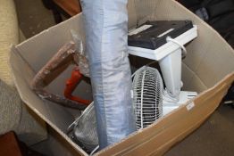 Box of mixed items to include table fan, watering can, assorted tools etc