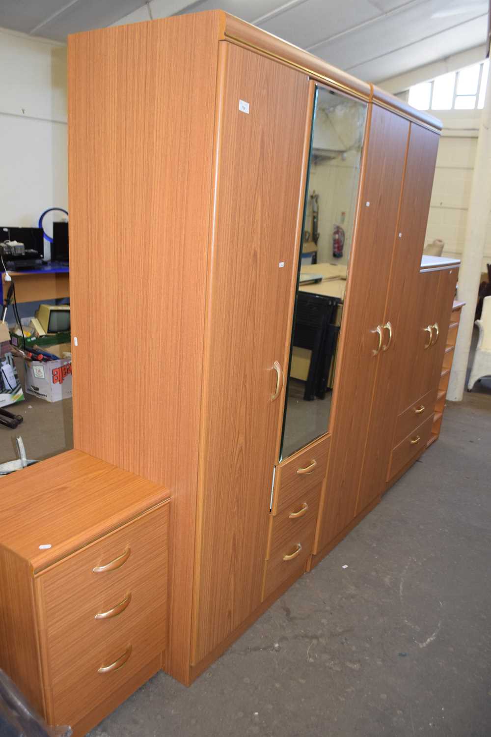 Teak finish four piece bedroom suite together with a small pine shelf (5)