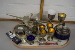 Quantity of silver coloured metal items including two pheasants, small wine glasses etc