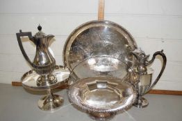 Group of plated wares including hot water jugs, serving jug and dishes