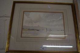 Sailing boats on a river by Godfrey Sayers, watercolour, framed and glazed