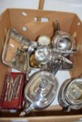 Box containing a quantity of plated wares included plated teapot by Mappin & Webb