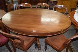 Victorian mahogany oval topped table on three outswept legs, 143cm wide