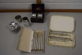 A pair of cased Mappin & Webb napkin rings together with quantity of lobster picks and other small