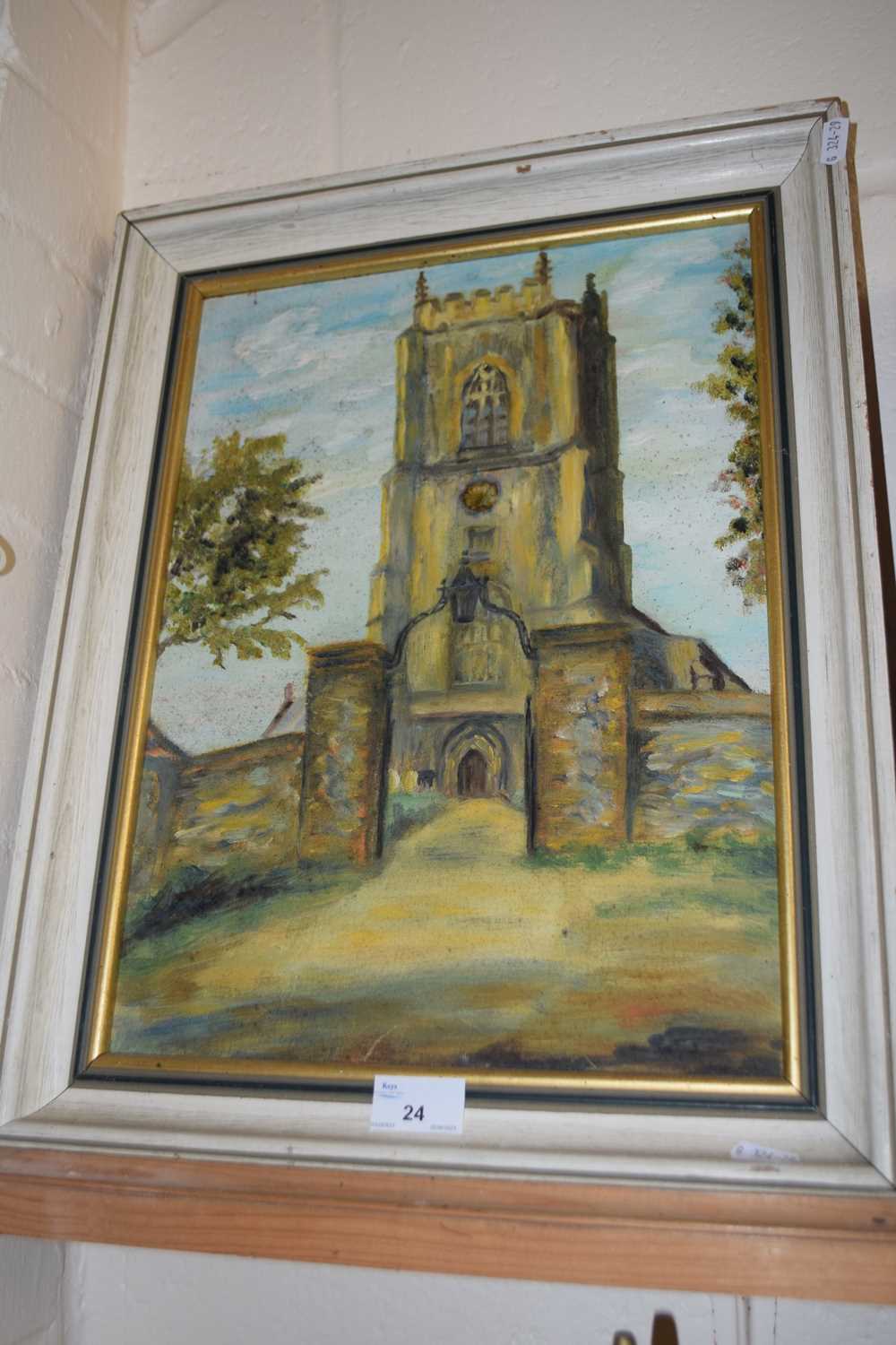 View of a church tower, oil on board, unsigned, framed