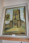 View of a church tower, oil on board, unsigned, framed