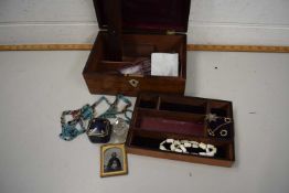 A rosewood jewellery box and a small quantity of jewellery