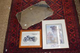 Needlework picture of a Triumph motorbike together with a reproduction impressionist print of a girl