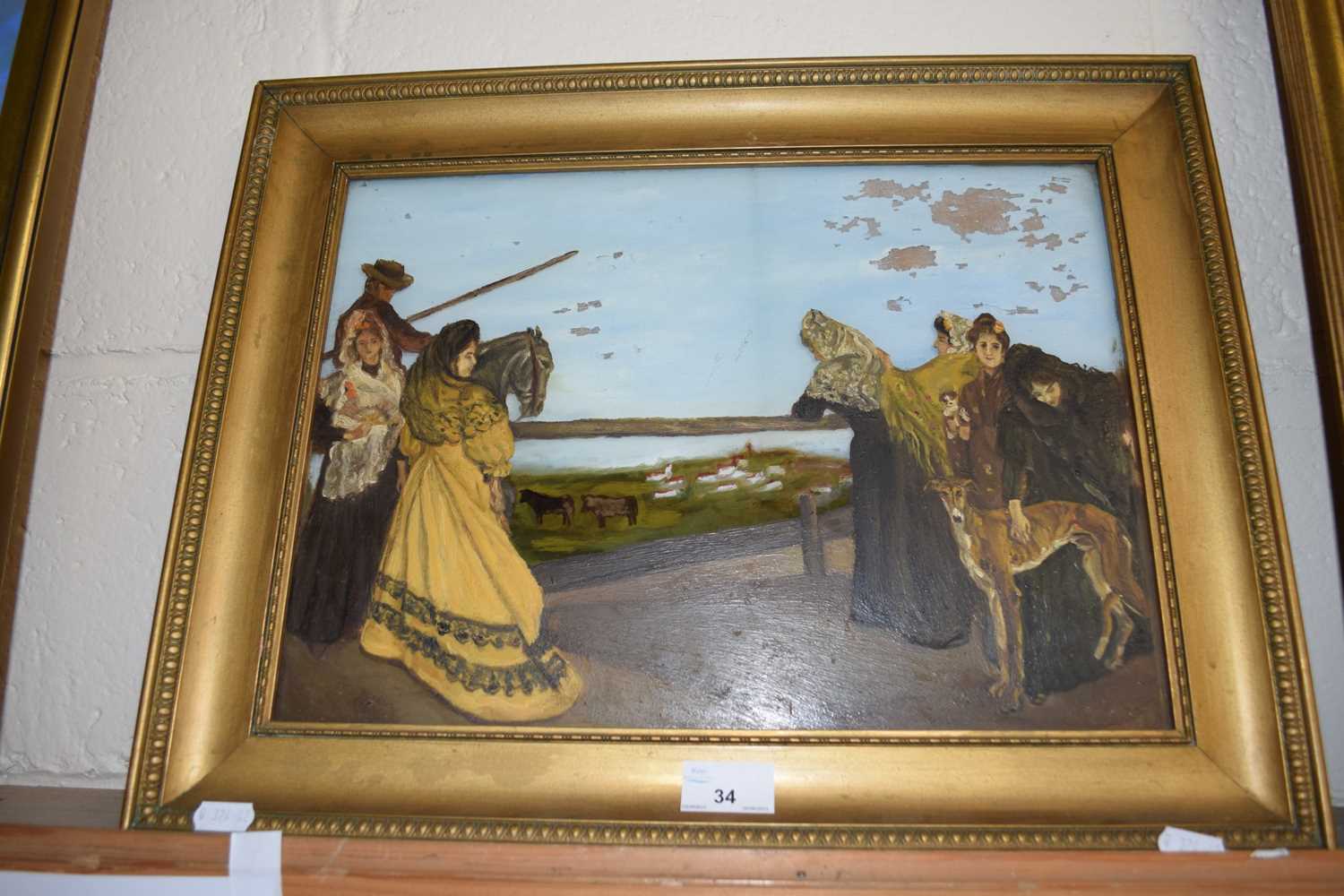 Painting on glass of ladies by a field, framed