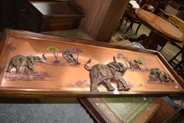 Copper relief picture of elephants by Lynn Lord, framed approx 143cm wide