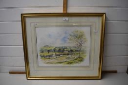Landscape with sheep and cottage beyond, signed Adrian Brookes, wash and pen and ink, framed and