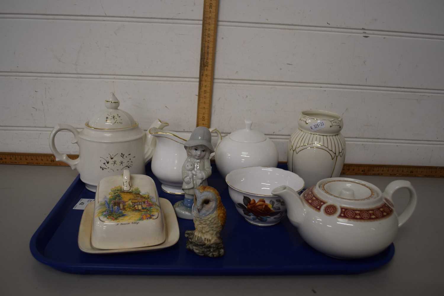 Mixed Lot: Ceramics to include butter dish, teapots, model owl etc