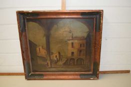 Continental street scene, oil on board, unsigned,framed