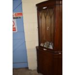 Bow fronted glazed corner cabinet, upper glazed section covered below, approx 65cm wide