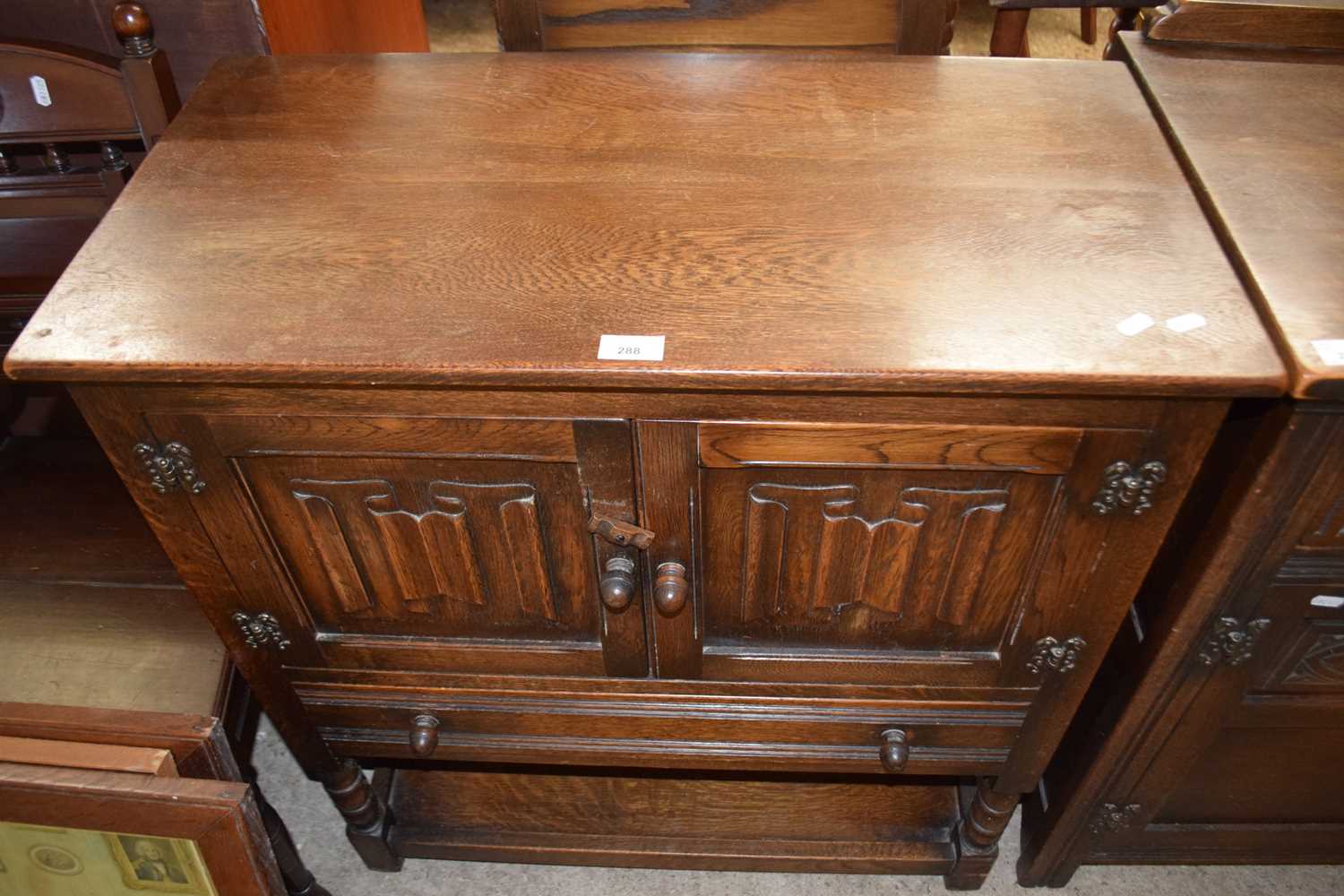 Reproduction cupboard with cupboards below a single drawer with under tier shelf, 78cm wide