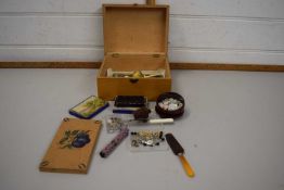 Wooden box with a quantity of assorted sewing tools, buttons and other items