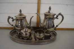 Tray containing a quantity of silver plated items, coffee pot, teapot etc