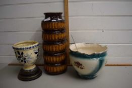 Group of ceramics including a West German pottery vase in brown glaze with a jardiniere and