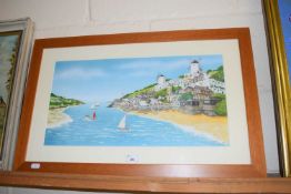 Estuary scene with villages and boats, unsigned, dated 08, framed and glazed