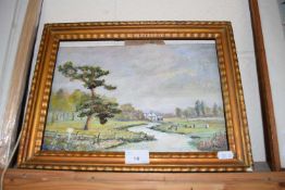 Landscape of Langham Bridge, Blaxhall, oil on board