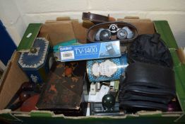 Mixed Lot: Pair of binoculars, camera case, collectors tins, boxes etc
