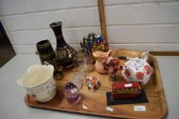 Tray of mixed ceramics and glass including paperweights and model of a double decker bus