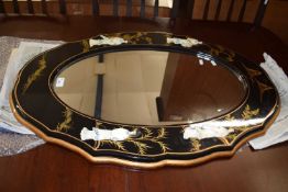 Modern Chinoiserie style oval framed wall mirror, 90cm long