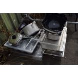 Quantity of assorted catering equipment to include cutlery, trays, large serving dishes, aluminium