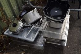 Quantity of assorted catering equipment to include cutlery, trays, large serving dishes, aluminium