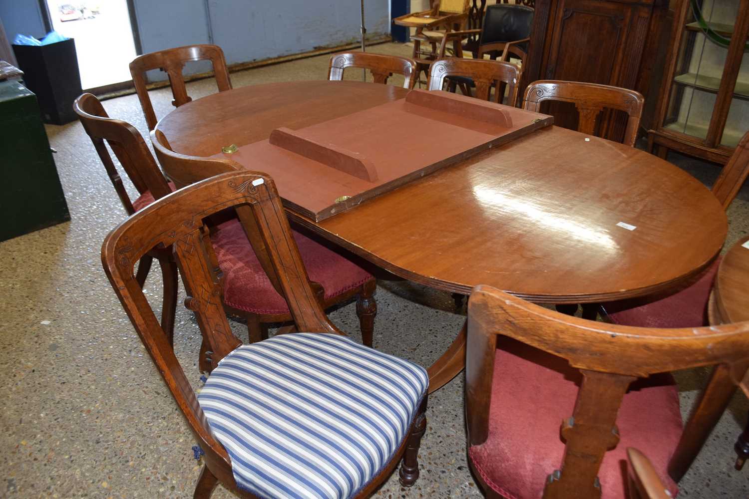 Mahogany veneered twin pedestal dining table with extra leaf