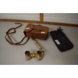 Mother of pearl and brass pair of opera glasses with leather case