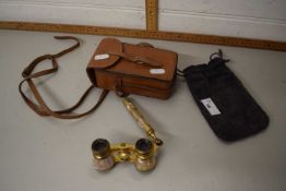 Mother of pearl and brass pair of opera glasses with leather case