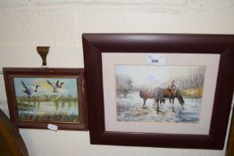Watercolour of horses drinking and a further one of birds in flight
