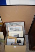 Box containing quantity of framed photographs and pictures