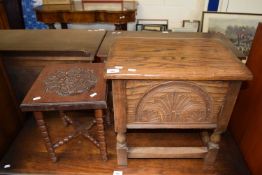 Pine storage box/stool with hinged lid together with a small square stool with turned legs and