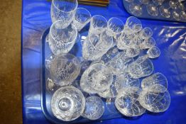 Tray of cut glass wares, wine glasses, tumblers, champagne flutes etc