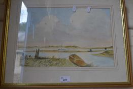 River landscape with boats beyond, signed John Chenery, watercolour, framed and glazed