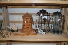 Bird feeders, owl figures etc