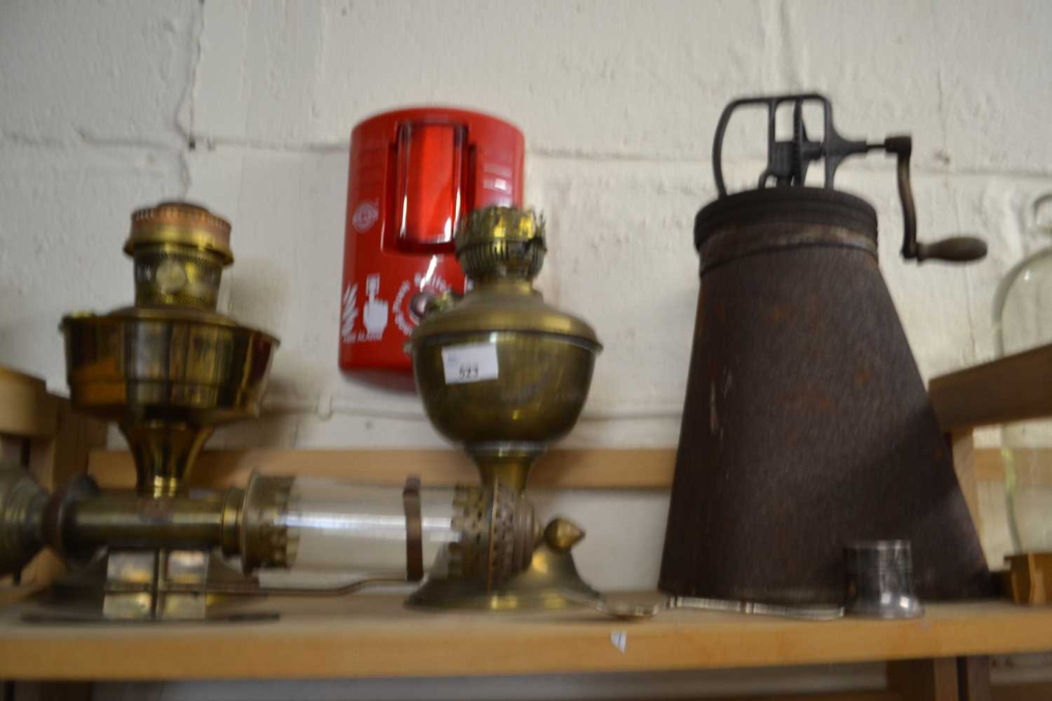 Three various lamps, butter churn etc