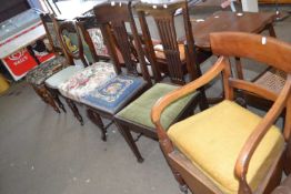 Five assorted dining chairs together with a commode chair