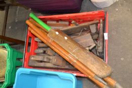 A quantity of wooden workshop tools together with a cricket bat and stumps