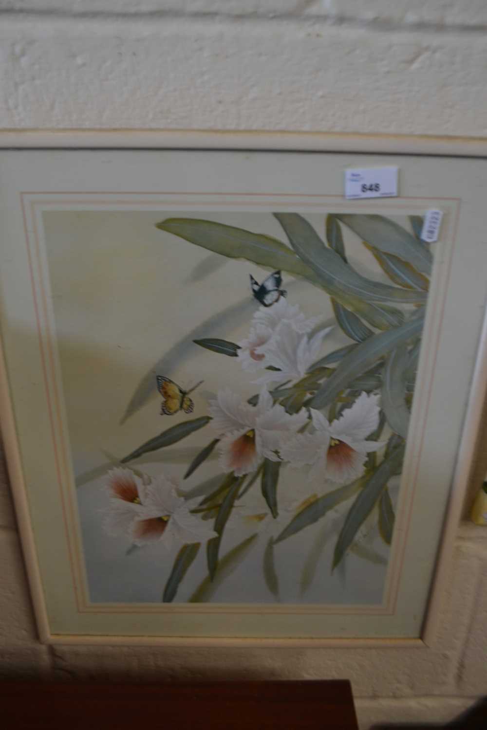 Study of lilies and butterflies, reproduction print, framed and glazed