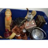 Mixed Lot: Pair of buffalo horns, decanter, metal box, ice bucket and other items