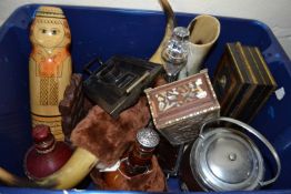 Mixed Lot: Pair of buffalo horns, decanter, metal box, ice bucket and other items