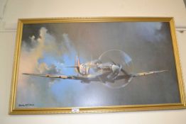 Reproduction print of a Spitfire by Barrie A F Clarke in gilt frame