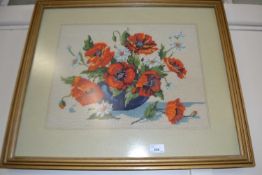 Needlework picture of poppies, framed and glazed