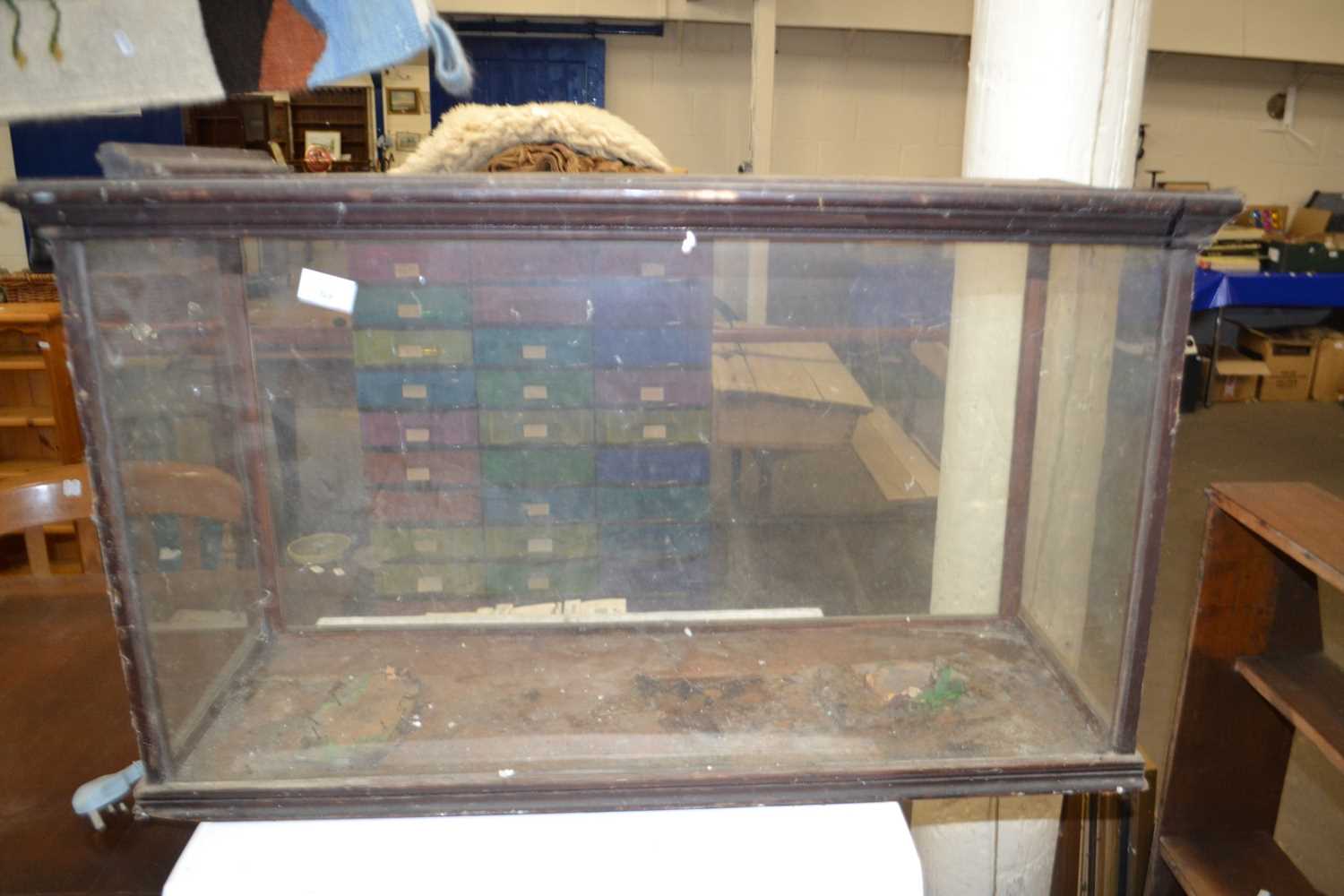 A wooden framed table top display case, 90cm wide